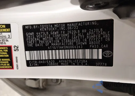 2022 Toyota Camry Se z USA, uszkodzony, nr VIN 4T1G11AK0NU064343